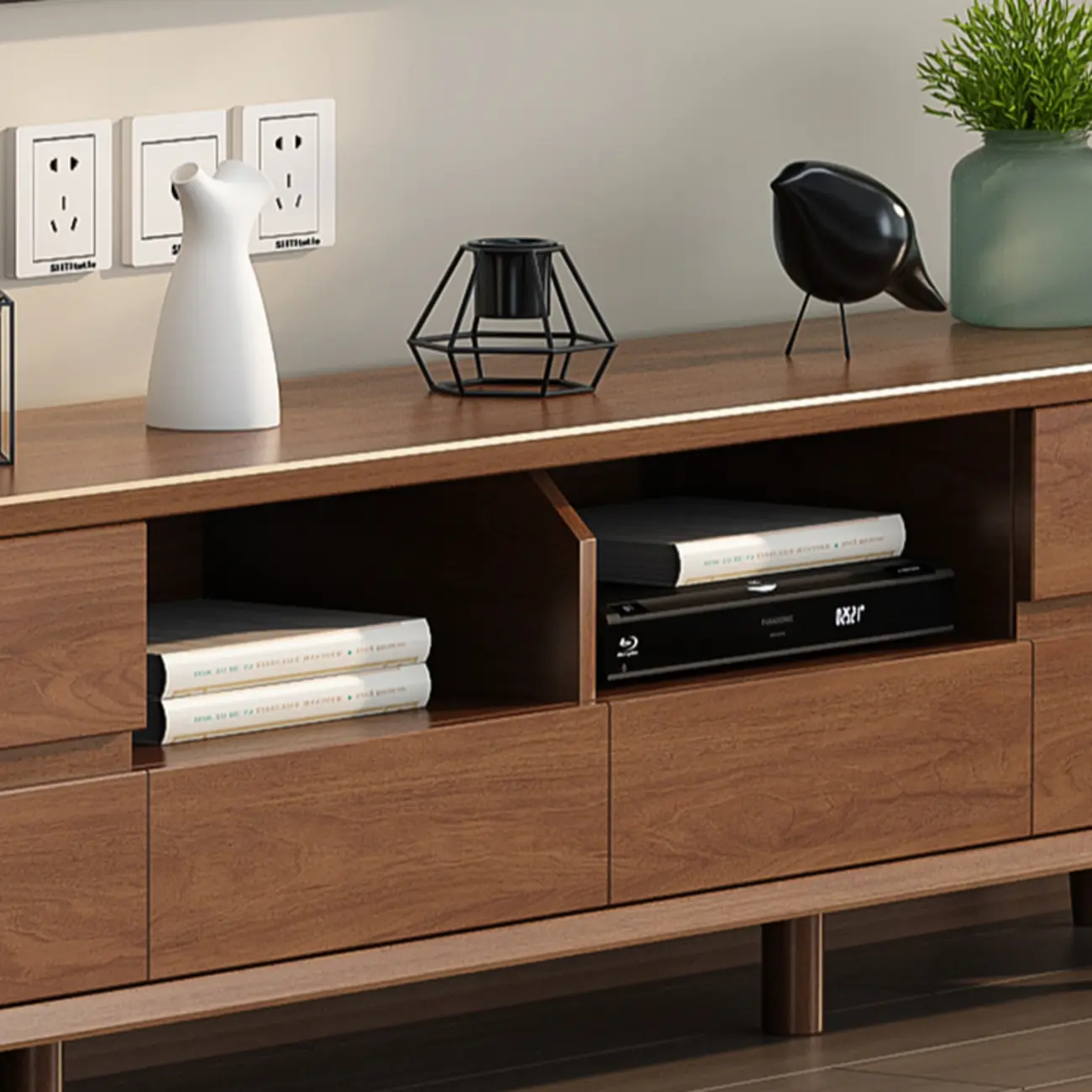 Scandinavian Wood TV Stand with Drawers and Cable Management | homeyfad