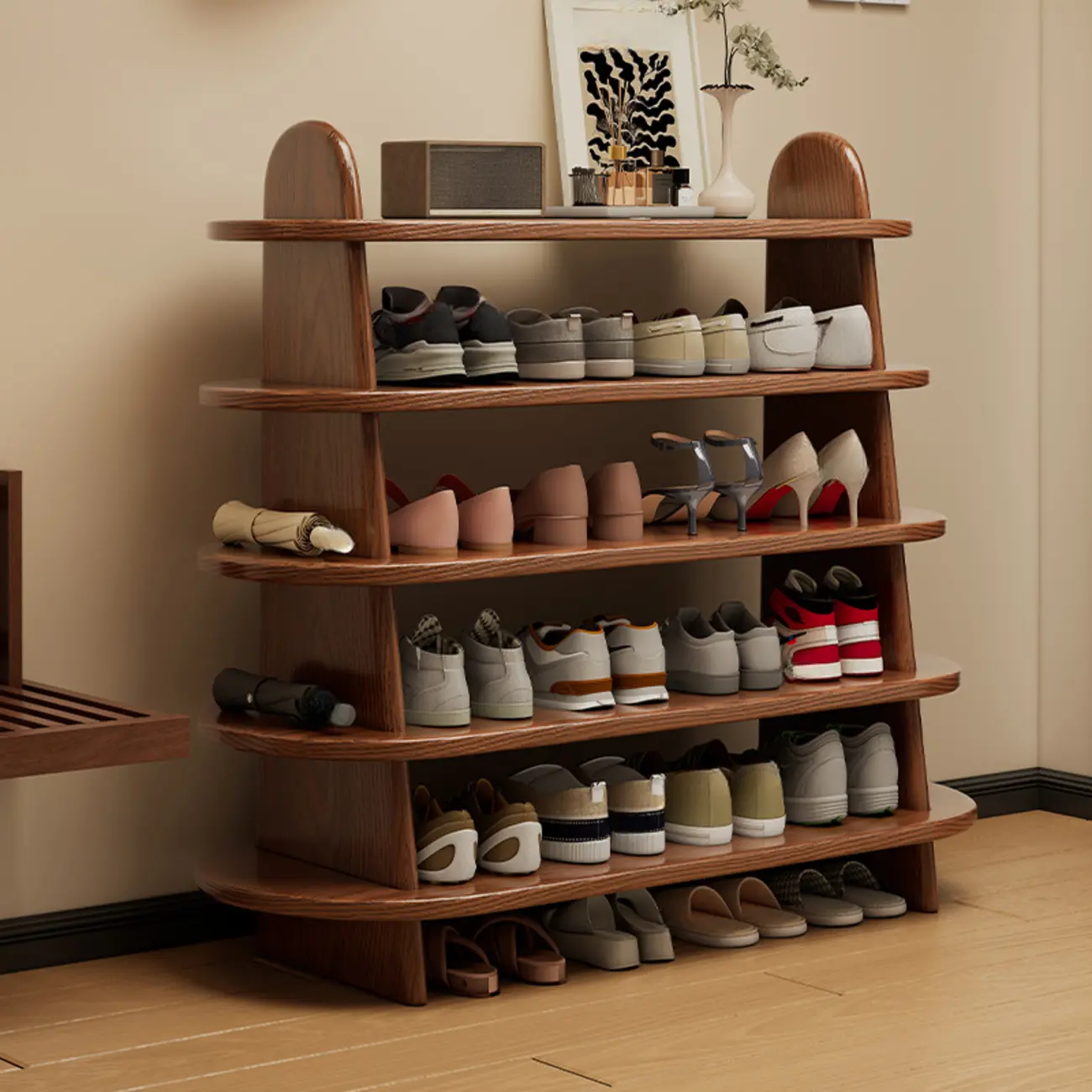Rustic Solid Wood Brown Open Storage Shoe Rack in 5-Shelf Image - 1 | homeyfad