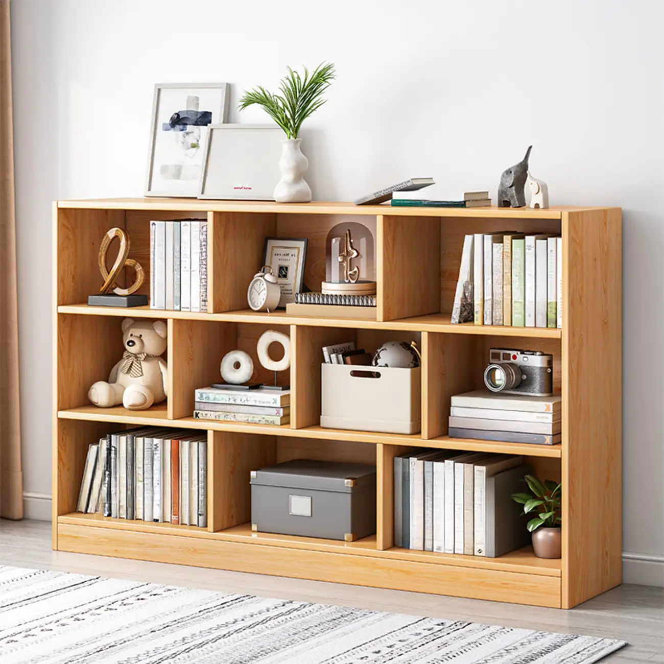 Simple Natural Finish Modular Vertical Wood Bookcase Image - 15 | homeyfad