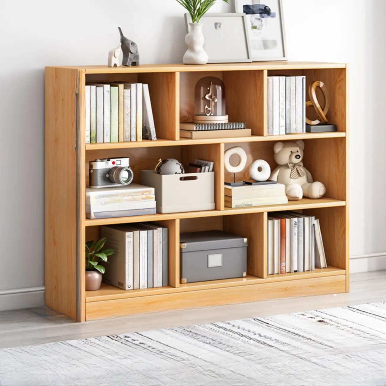 Simple Natural Finish Modular Vertical Wood Bookcase Image - 16 | homeyfad