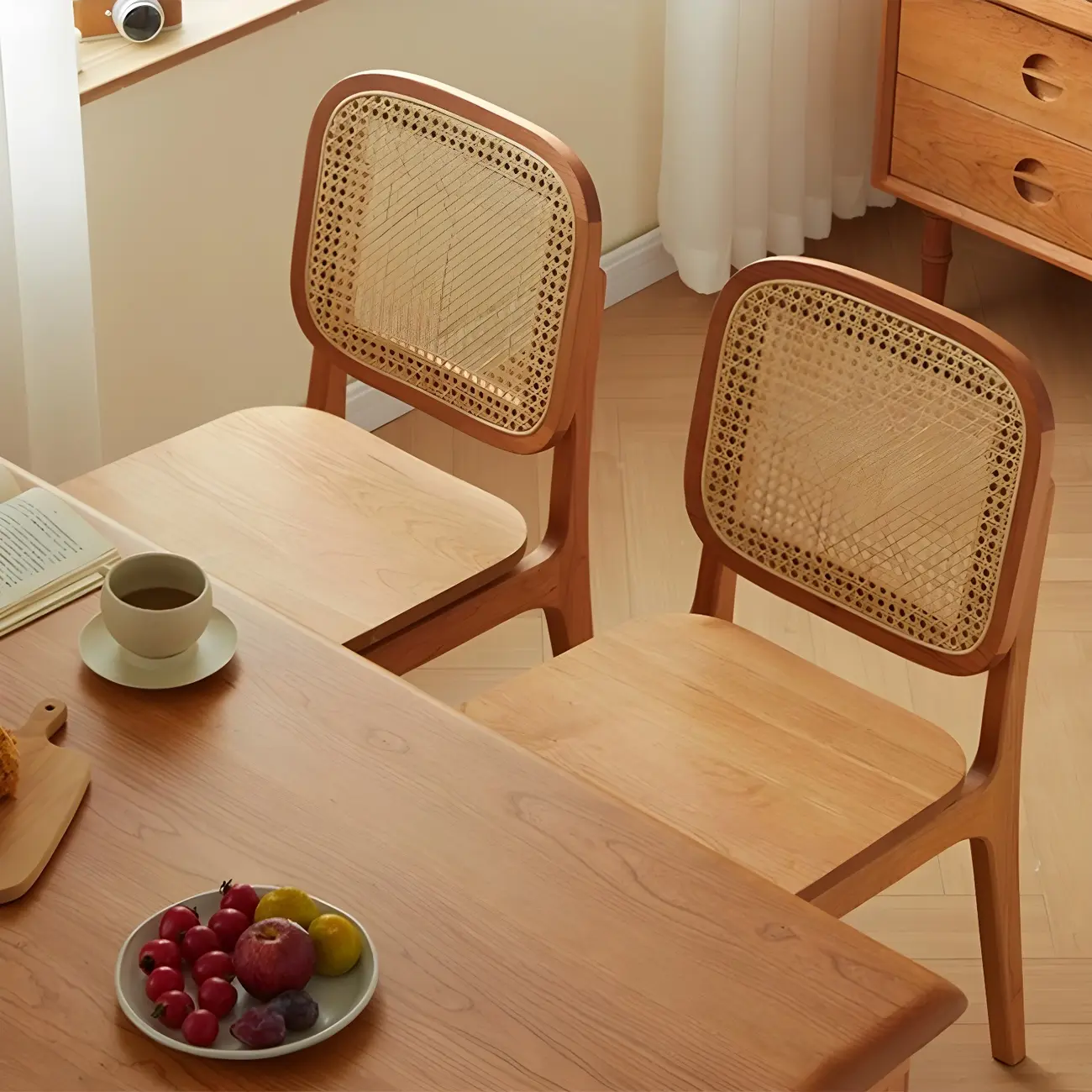 Modern Wooden Natural Rattan Low Back Dining Chair Image - 1 | homeyfad
