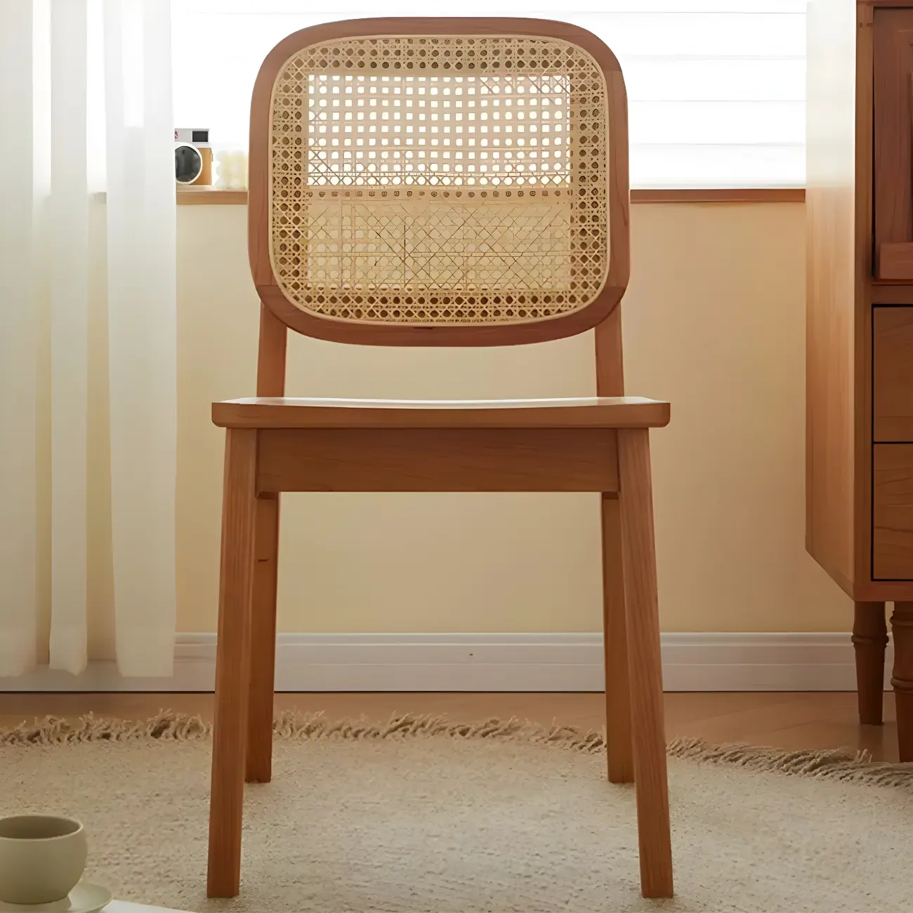 Modern Wooden Natural Rattan Low Back Dining Chair Image - 2 | homeyfad