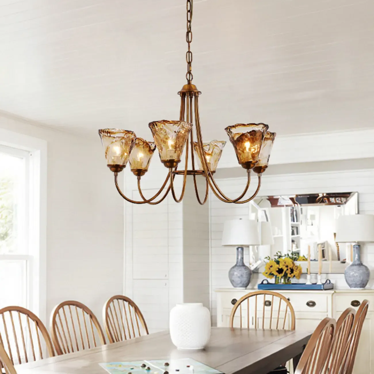 5/6 Lights Modern Bud Gold Glass Amber Chandelier Image - 1