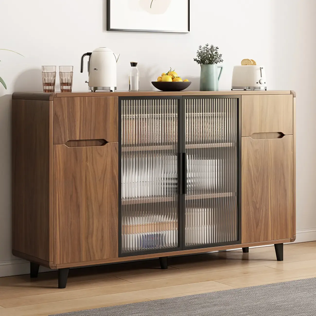 Casual Brown Wood Sideboard with Glass Doors Image - 1