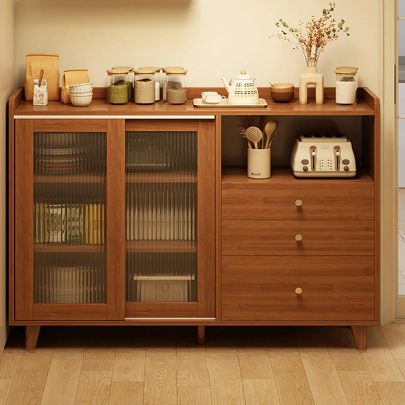 Casual Brown Wood Sideboard with Glass Doors Image - 2 | homeyfad