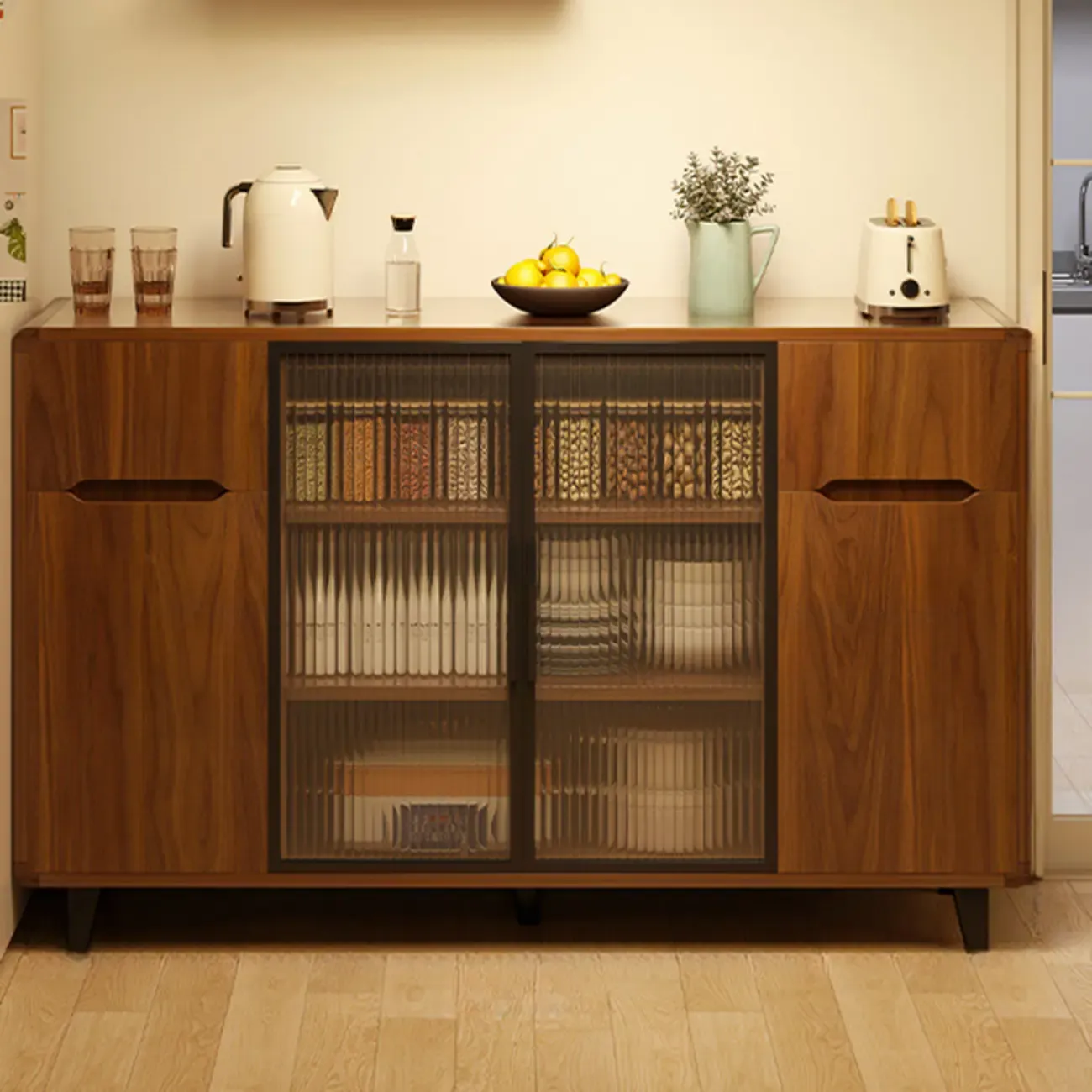 Casual Brown Wood Sideboard with Glass Doors Image - 5