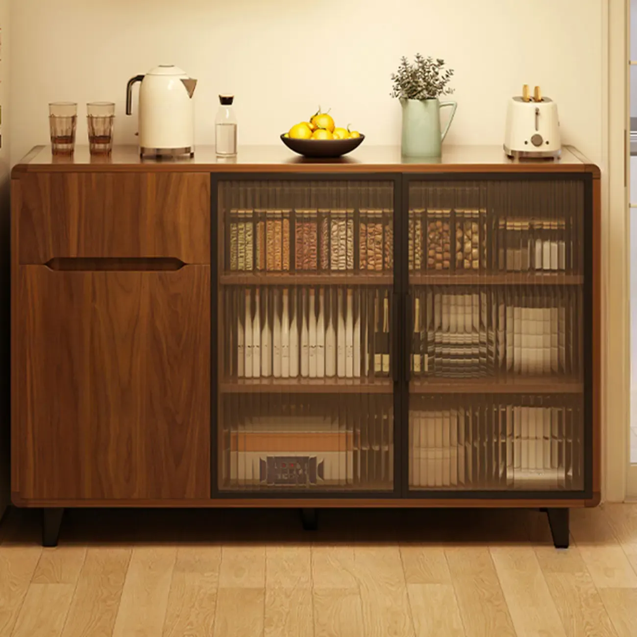 Casual Brown Wood Sideboard with Glass Doors Image - 6