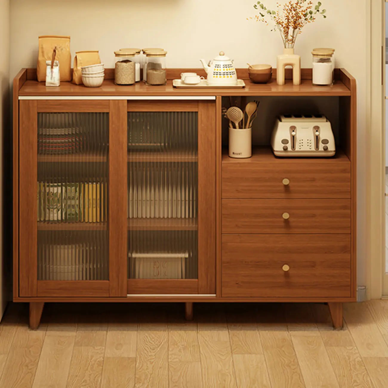Casual Brown Wood Sideboard with Glass Doors Image - 10 | homeyfad