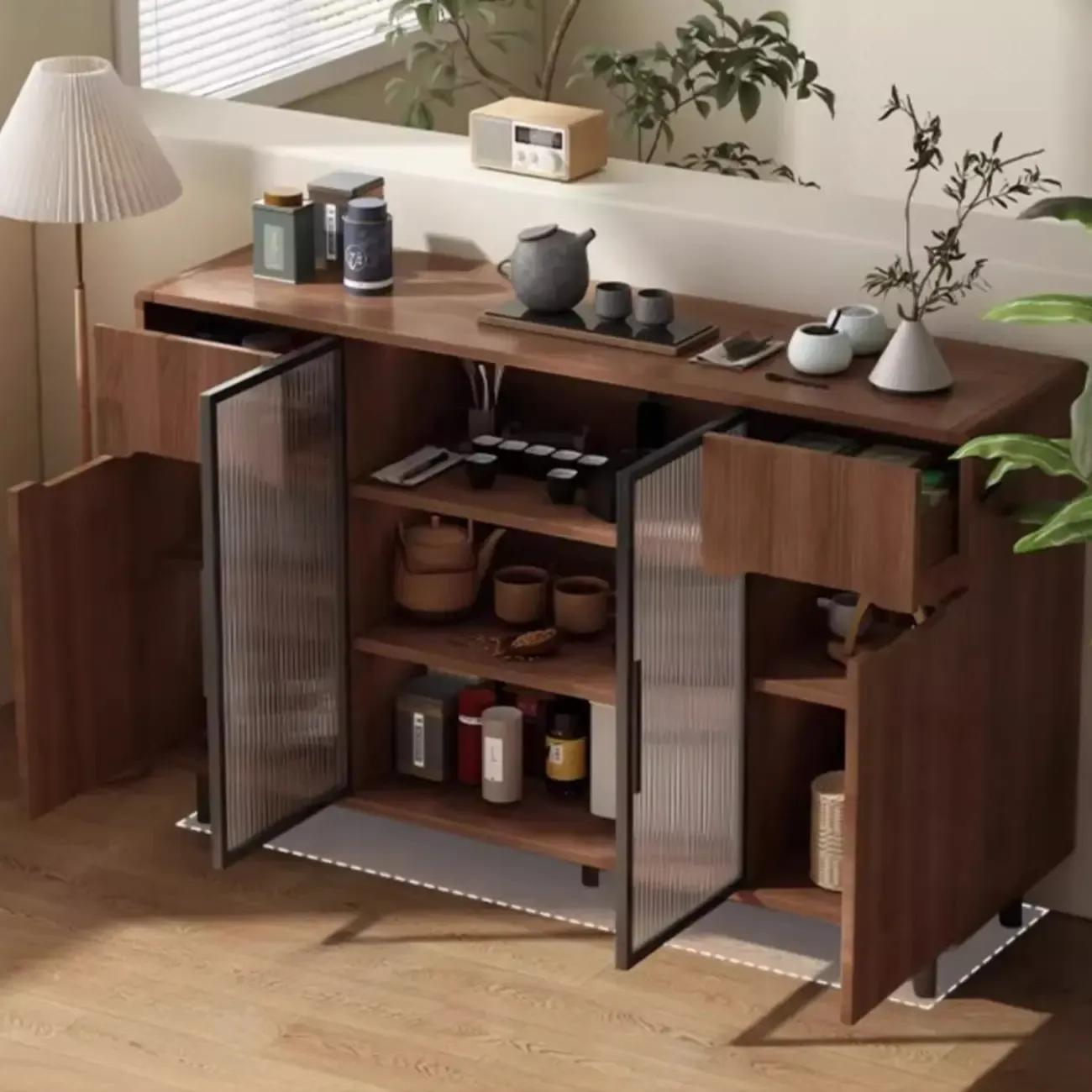 Casual Brown Wood Sideboard with Glass Doors Image - 14