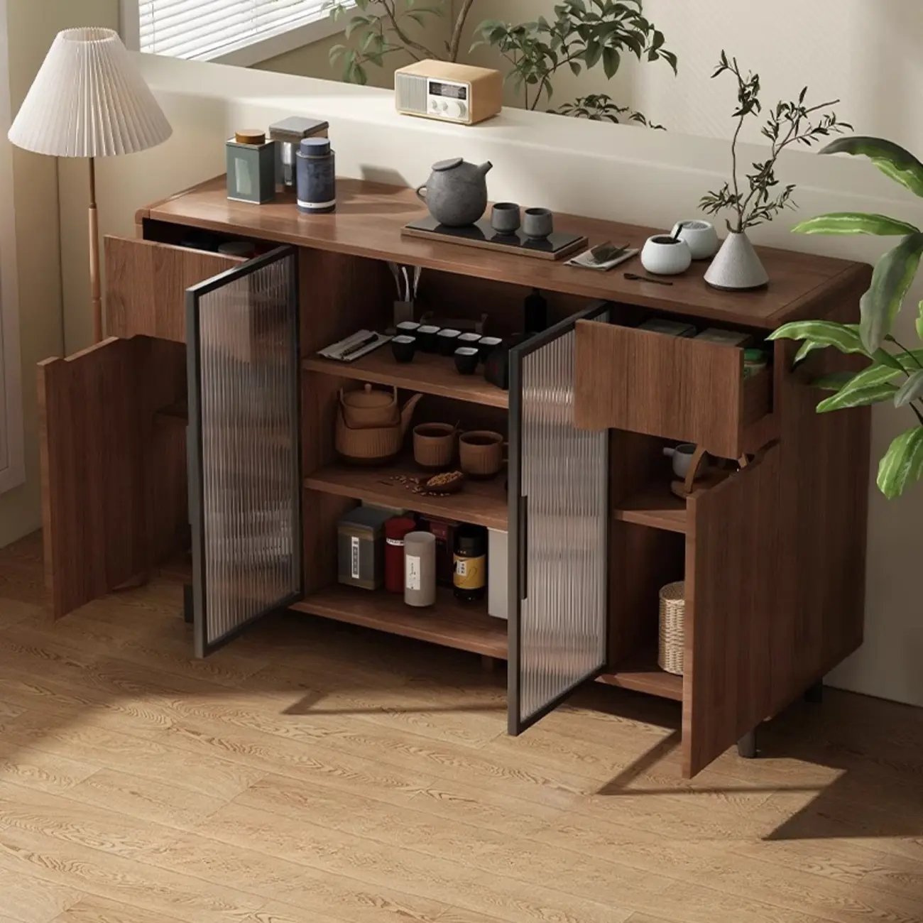 Casual Brown Wood Sideboard with Glass Doors Image - 8 | homeyfad