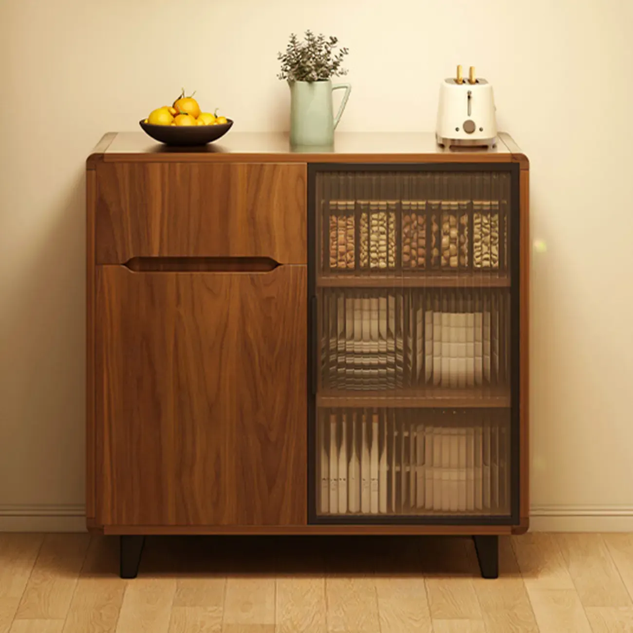 Casual Brown Wood Sideboard with Glass Doors Image - 4