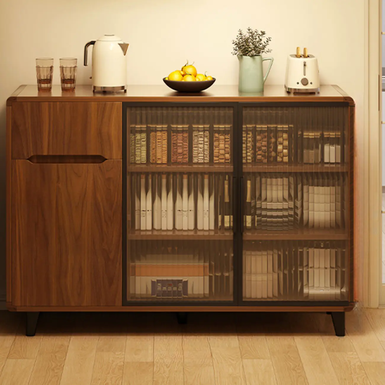 Casual Brown Wood Sideboard with Glass Doors Image - 7 | homeyfad