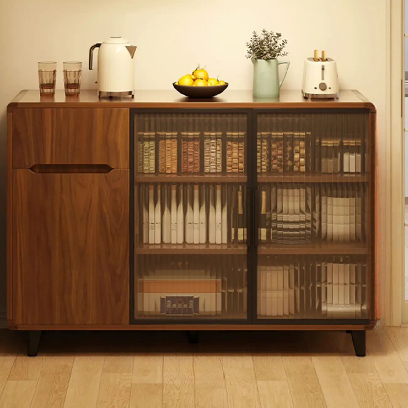 Casual Brown Wood Sideboard with Glass Doors Image - 7