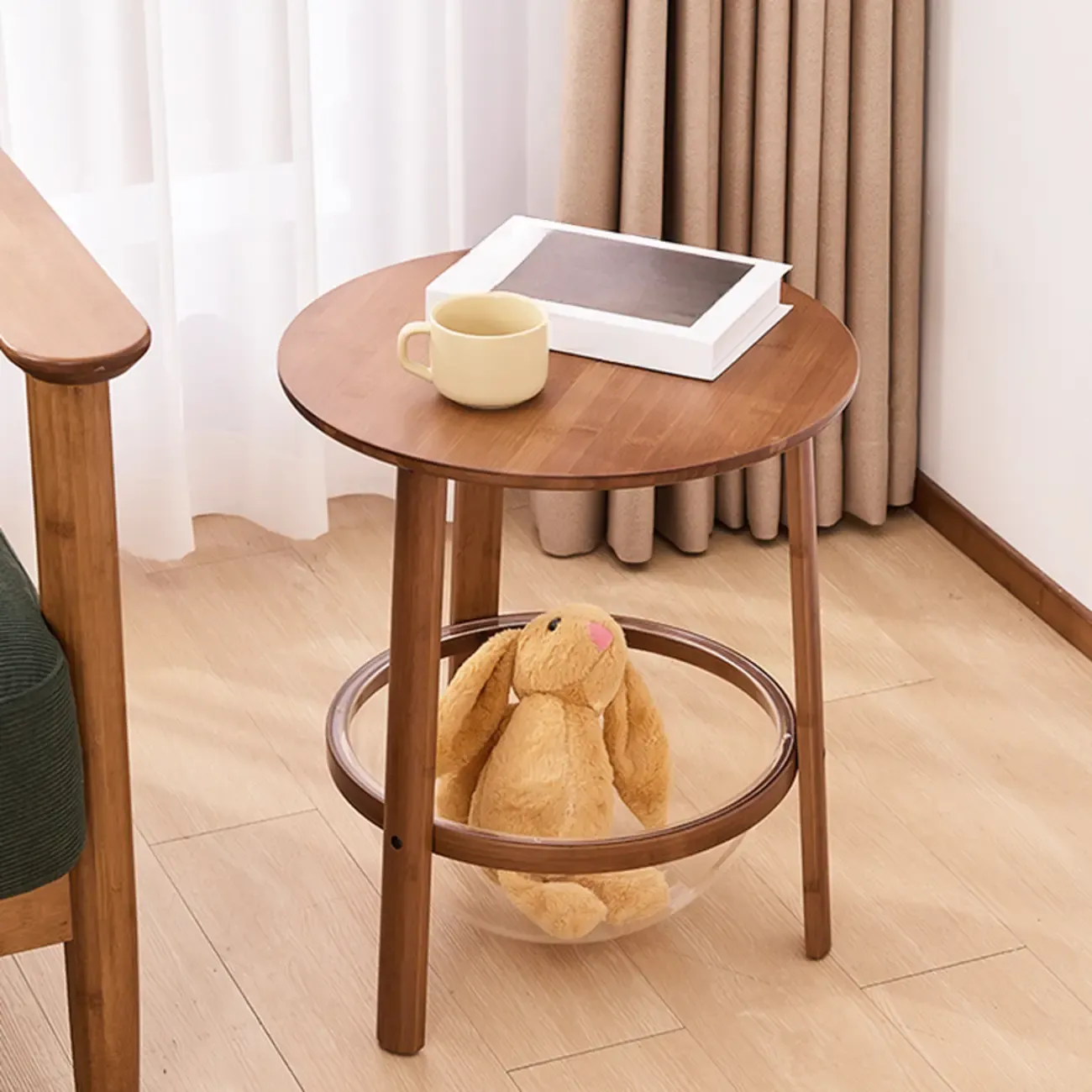 Walnut Round Wood Tripod Base Storage Ring End Table Image - 1