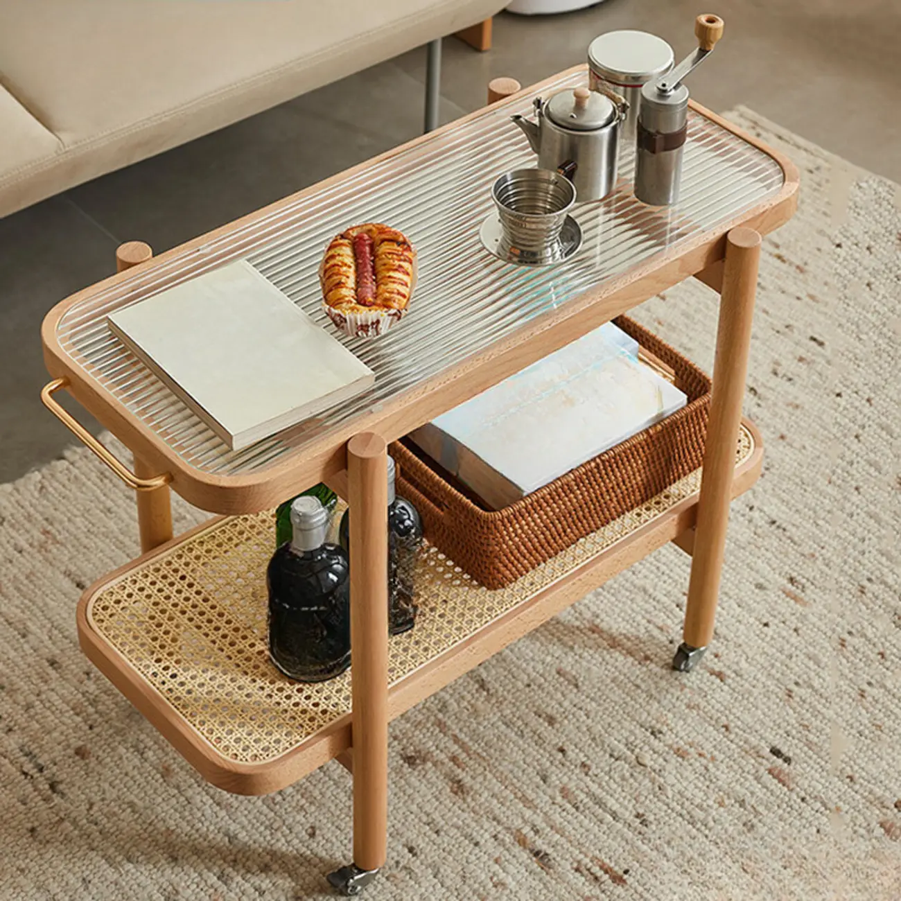 2-Tier Wood Rectangular Glass Top End Table with Wheels Image - 1 | homeyfad
