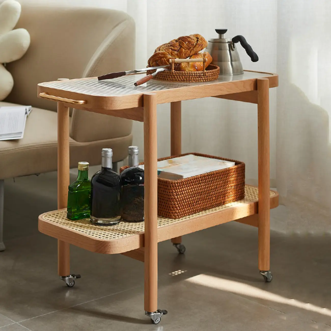 2-Tier Wood Rectangular Glass Top End Table with Wheels Image - 2 | homeyfad