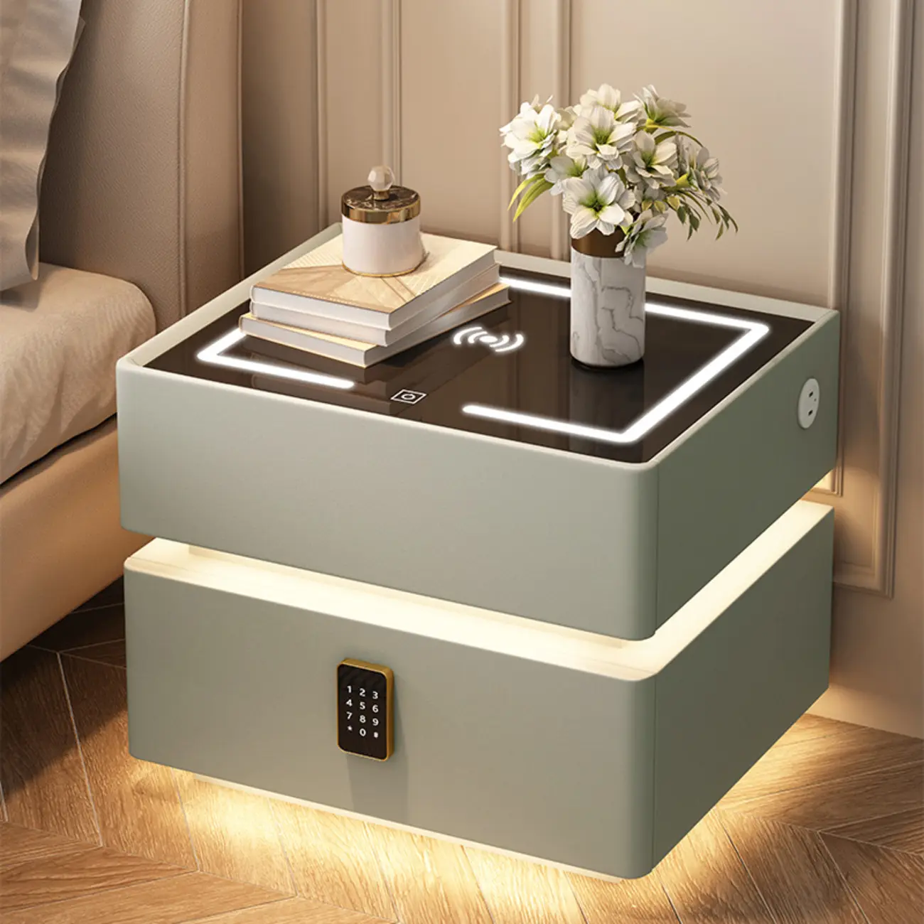 Multi-functional Smart Glass Top Wooden 2-Tier Nightstand Image - 1 | homeyfad