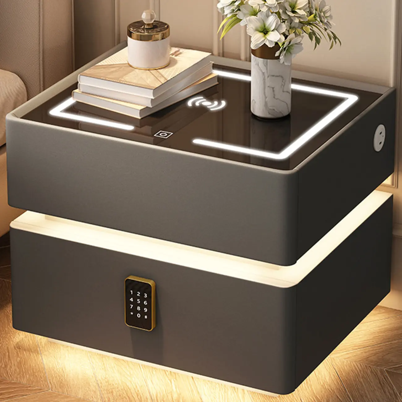Multi-functional Smart Glass Top Wooden 2-Tier Nightstand Image - 2 | homeyfad