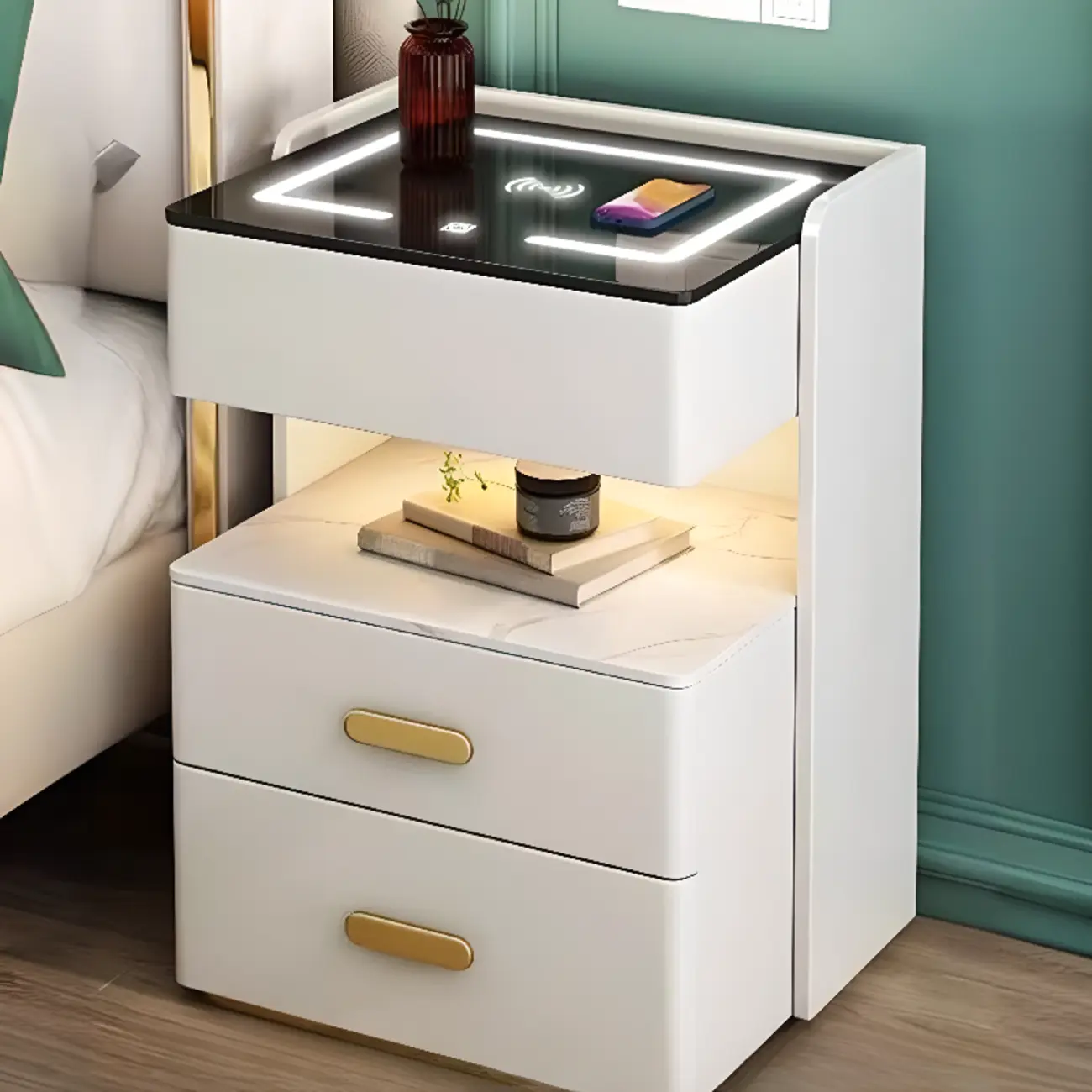 LED Wireless Charging Drawer Storage Nightstand Image - 1 | homeyfad