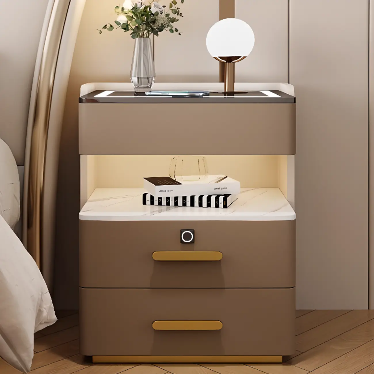 LED Wireless Charging Drawer Storage Nightstand Image - 2 | homeyfad