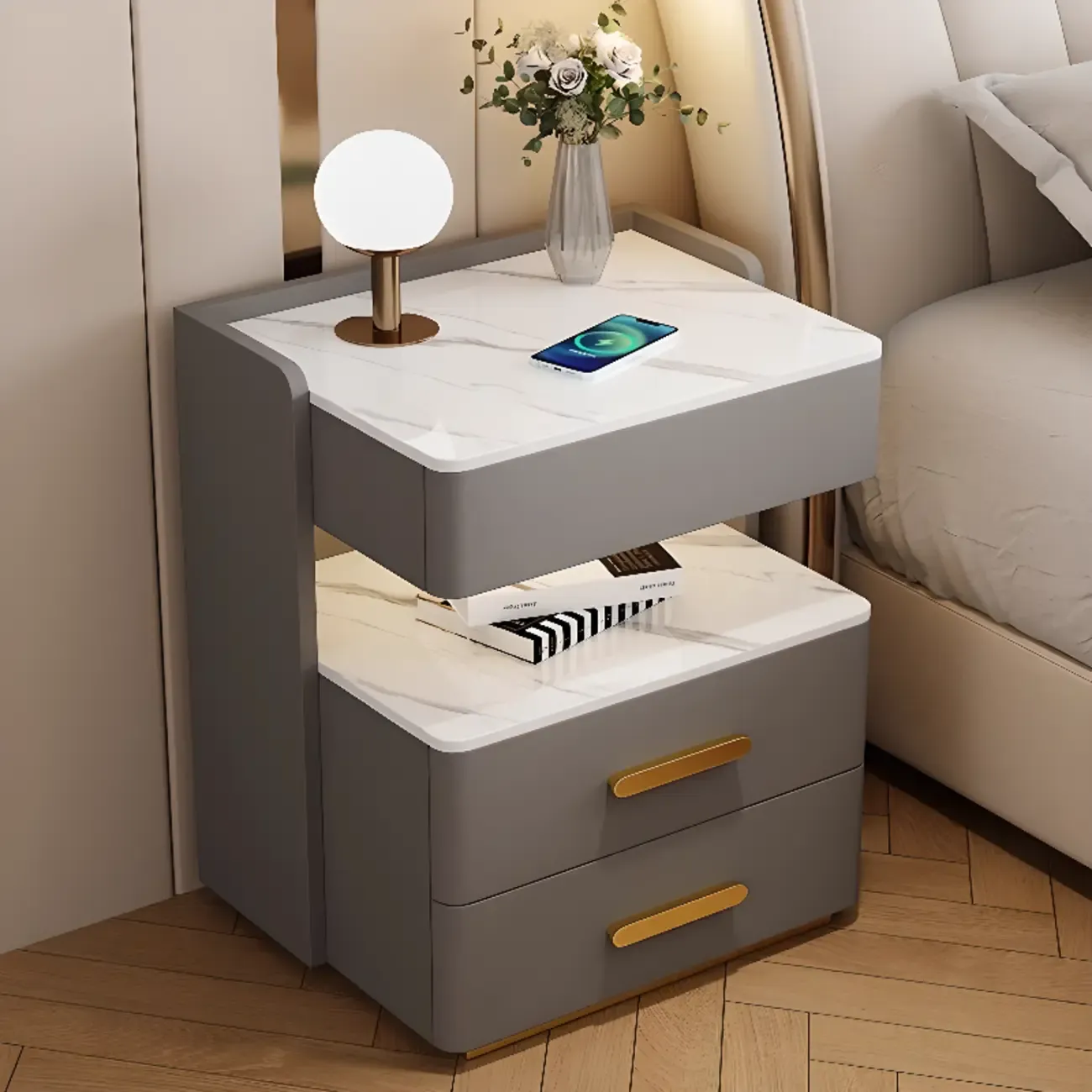 LED Wireless Charging Drawer Storage Nightstand Image - 2