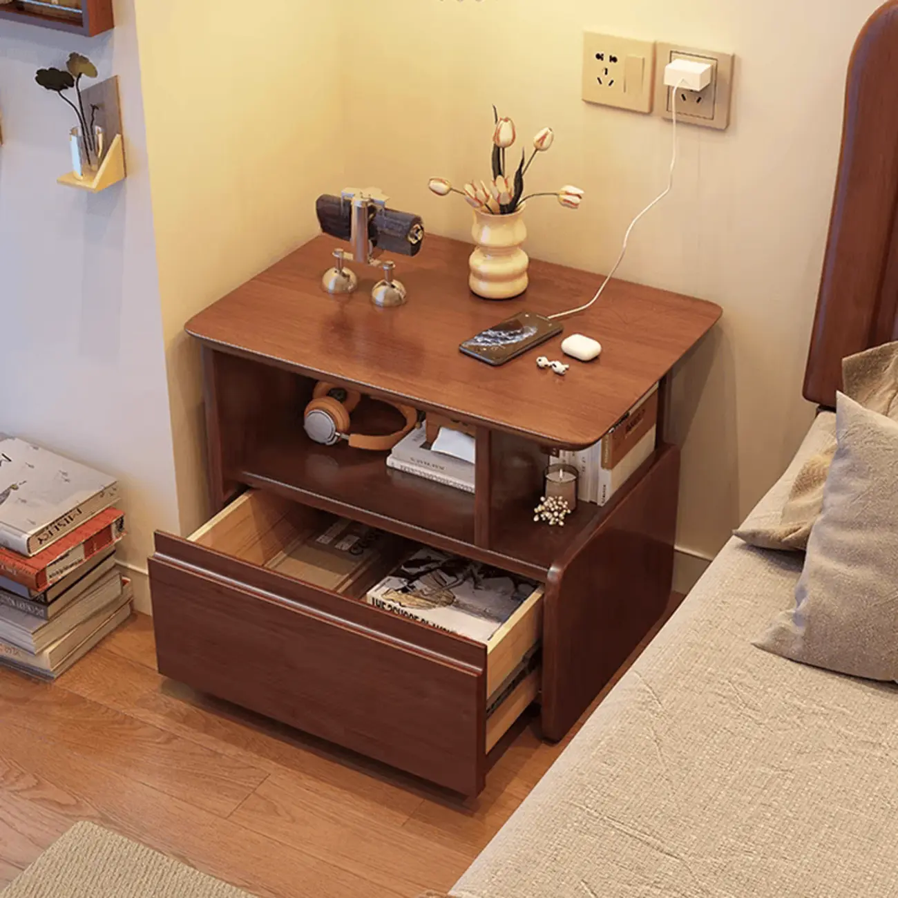 Classic Wooden Nut-Brown Nightstand with Drawer & Shelf Image - 1 | homeyfad