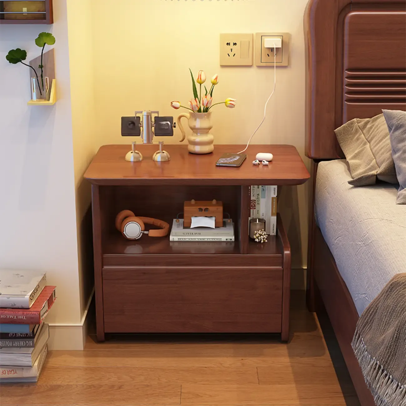 Classic Wooden Nut-Brown Nightstand with Drawer & Shelf Image - 3