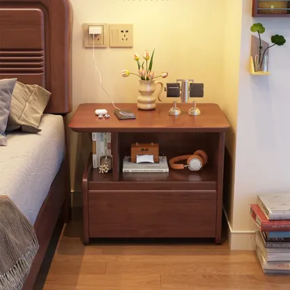 Classic Wooden Nut-Brown Nightstand with Drawer & Shelf Image - 4
