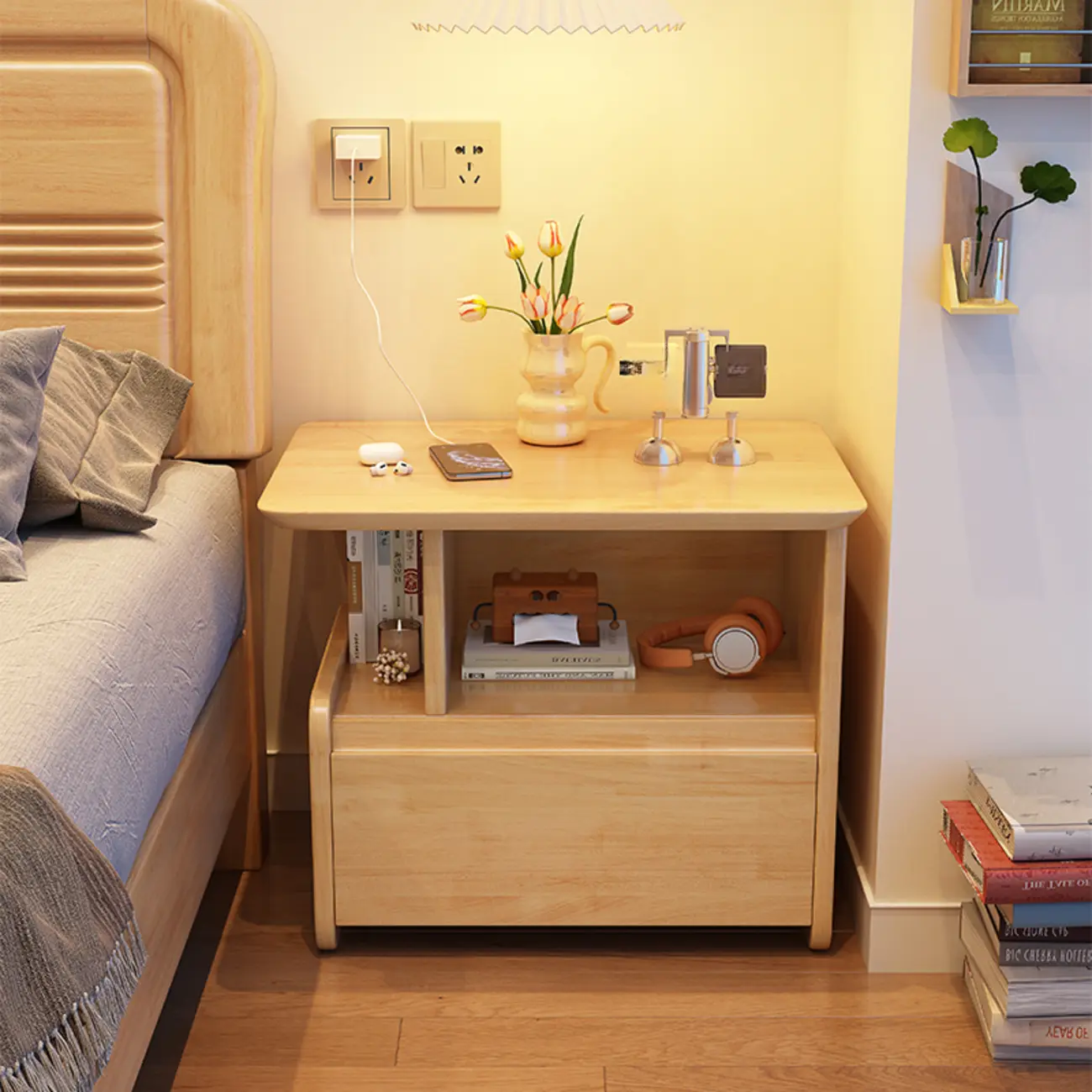 Classic Wooden Nut-Brown Nightstand with Drawer & Shelf Image - 2 | homeyfad