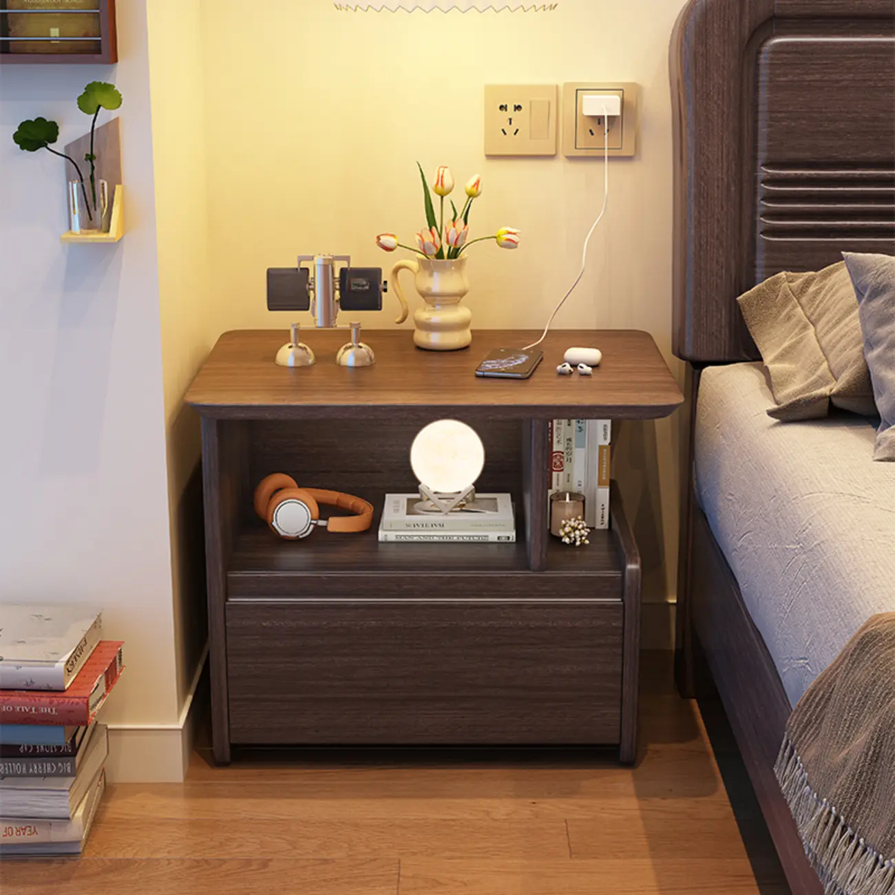 Classic Wooden Nut-Brown Nightstand with Drawer & Shelf Image - 9 | homeyfad