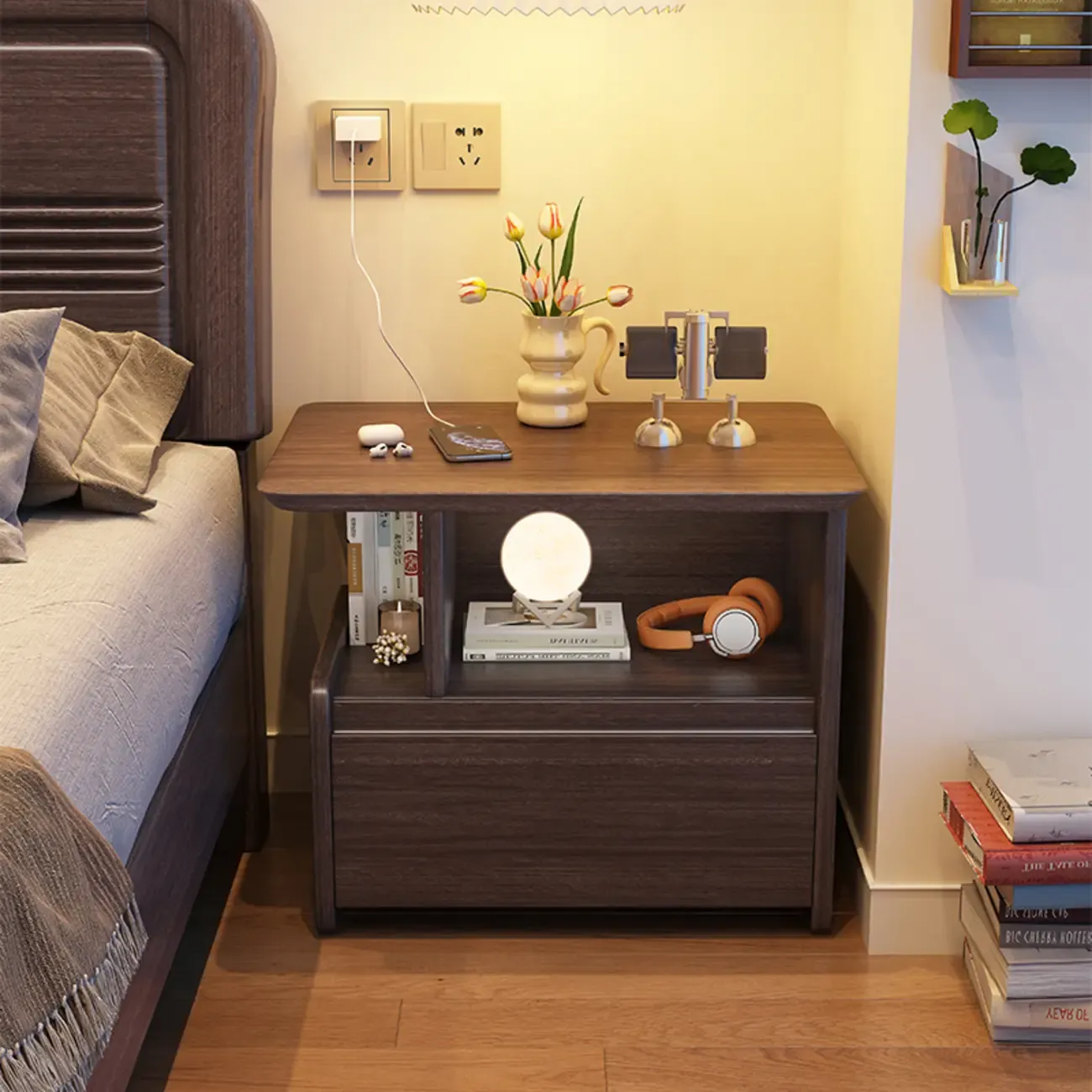 Classic Wooden Nut-Brown Nightstand with Drawer & Shelf Image - 11