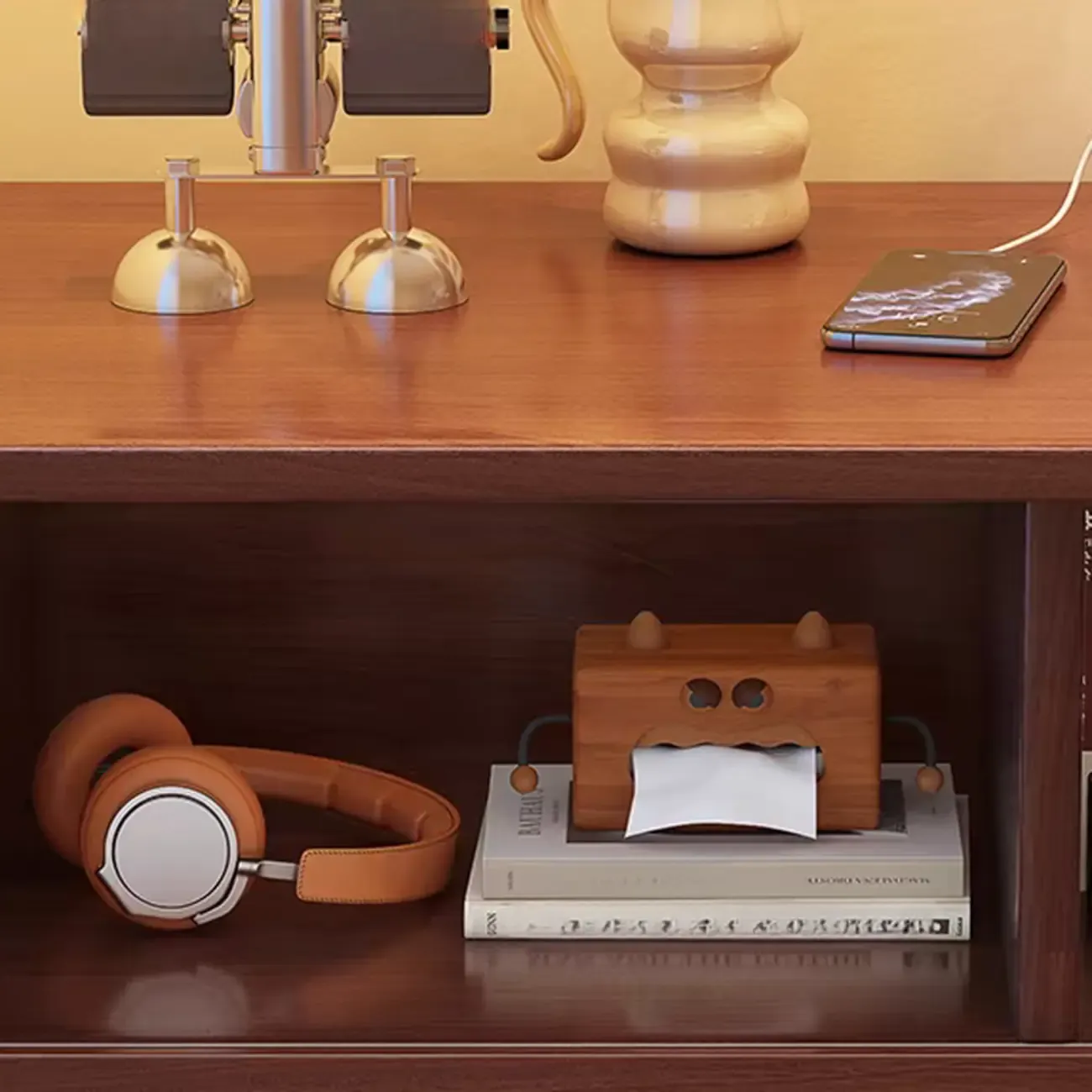 Classic Wooden Nut-Brown Nightstand with Drawer & Shelf Image - 14