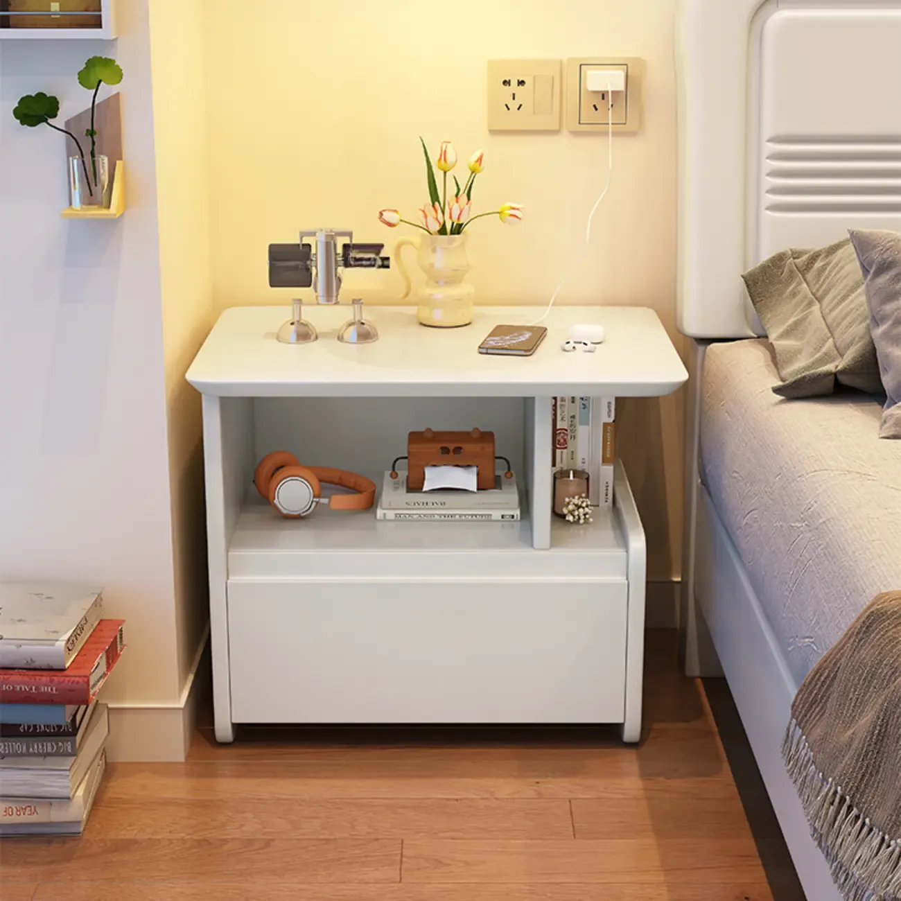 Classic Wooden Nut-Brown Nightstand with Drawer & Shelf Image - 15