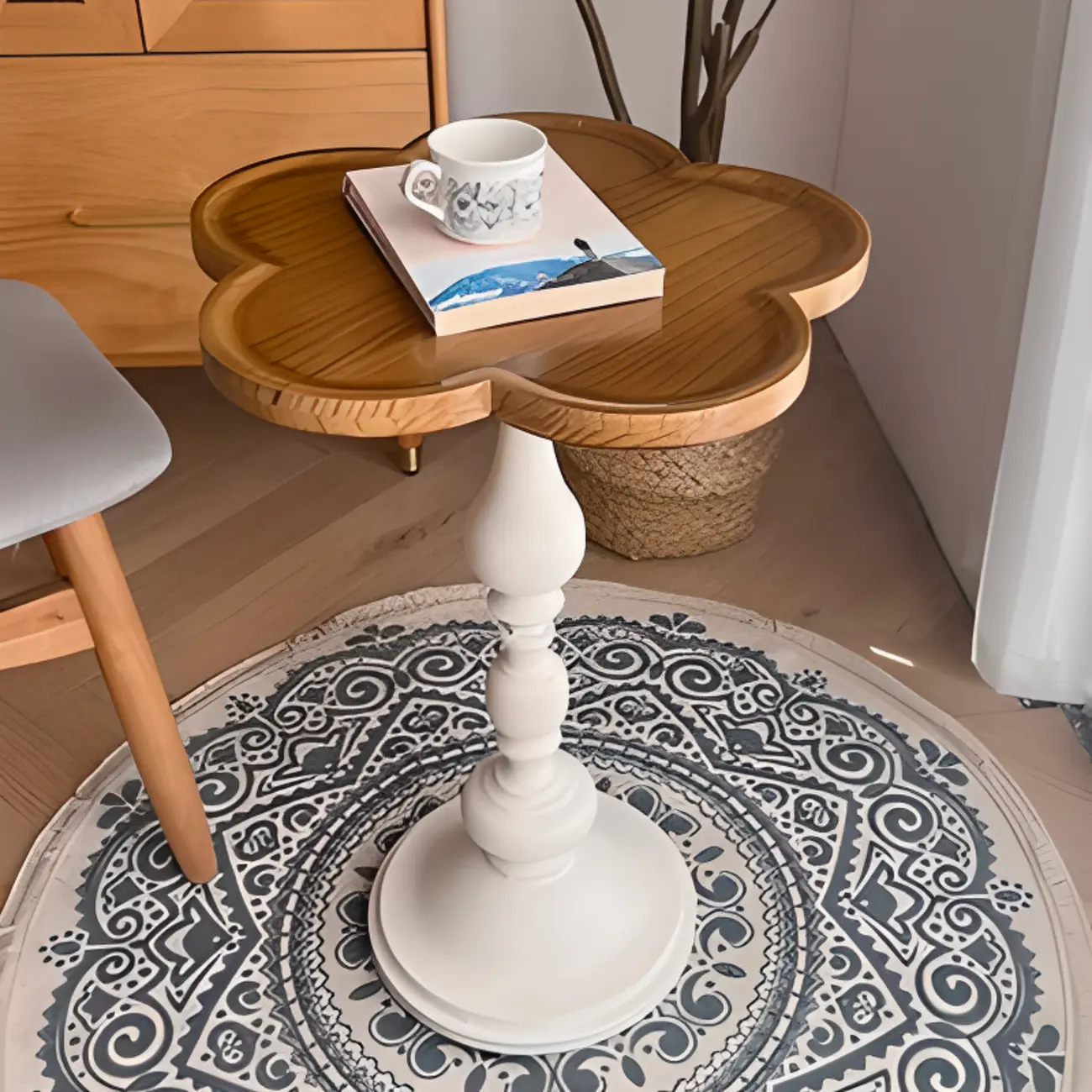 Classic Brown-White Wood Round Pedestal Chairside Table Image - 2 | homeyfad