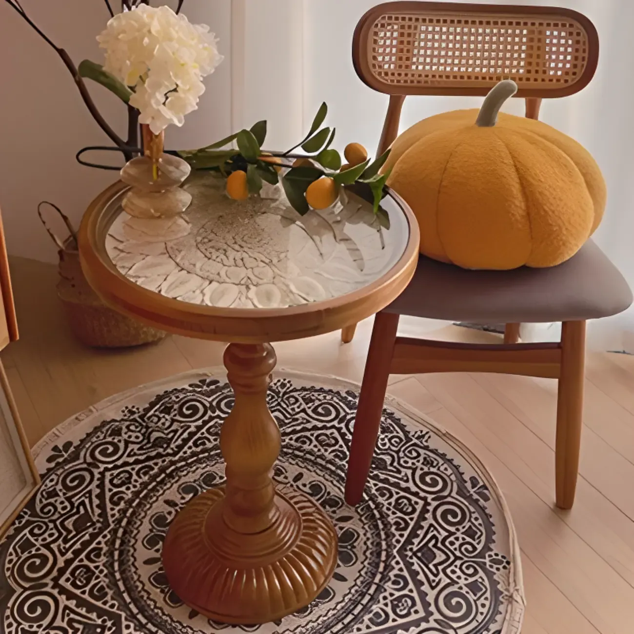 Classic Brown-White Wood Round Pedestal Chairside Table Image - 3