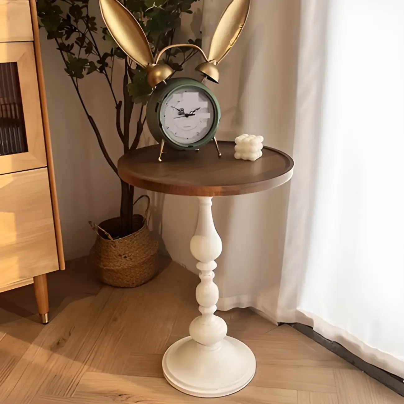 Classic Brown-White Wood Round Pedestal Chairside Table Image - 5