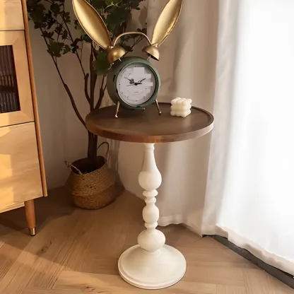 Classic Brown-White Wood Round Pedestal Chairside Table Image - 5