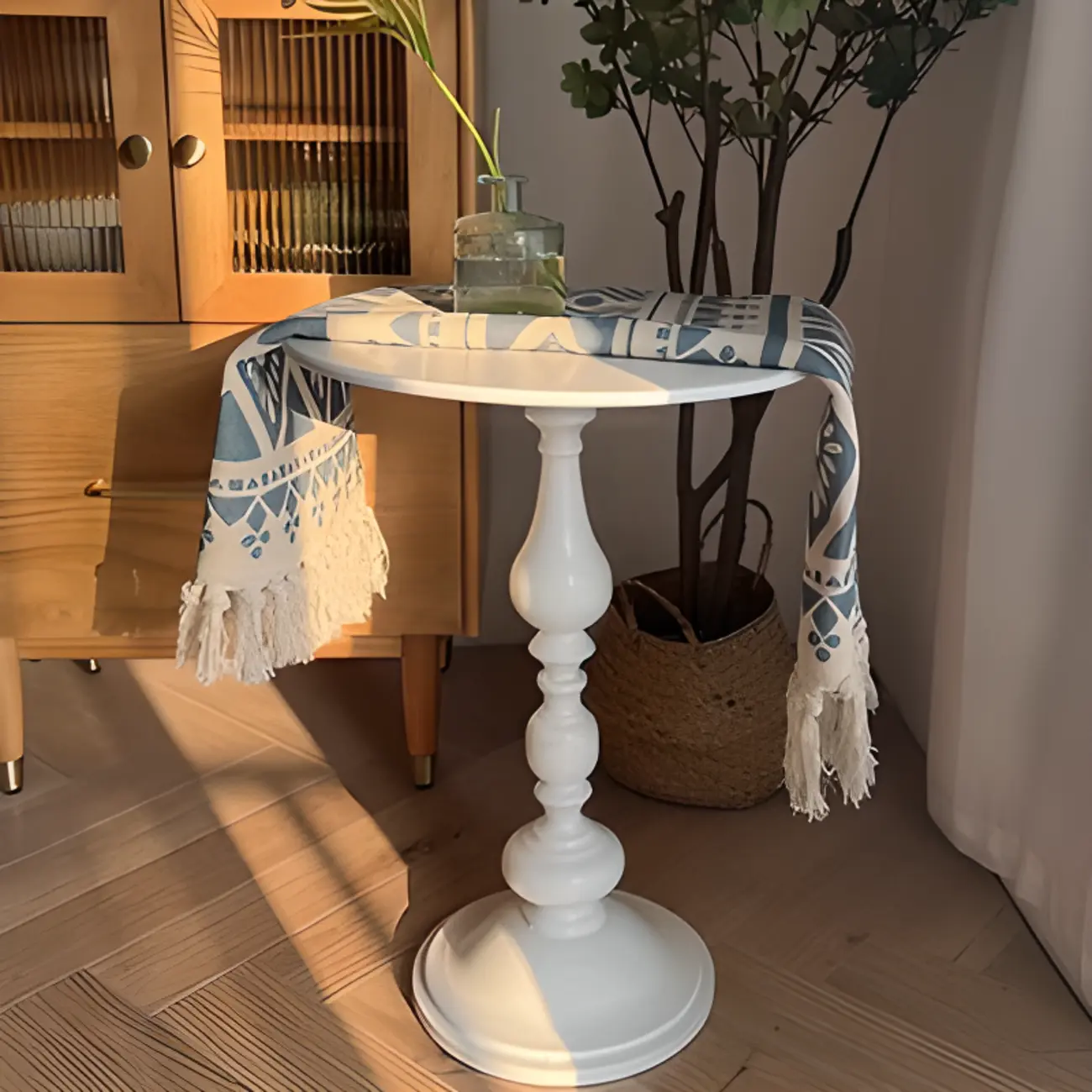 Classic Brown-White Wood Round Pedestal Chairside Table Image - 7 | homeyfad