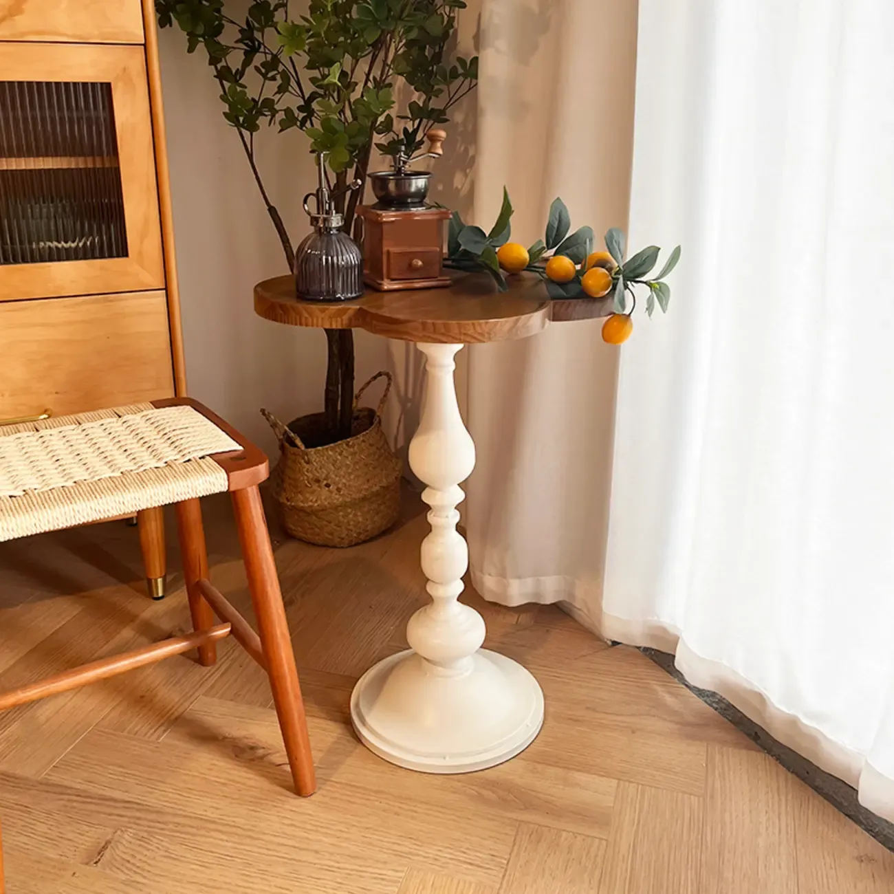 Classic Brown-White Wood Round Pedestal Chairside Table Image - 9