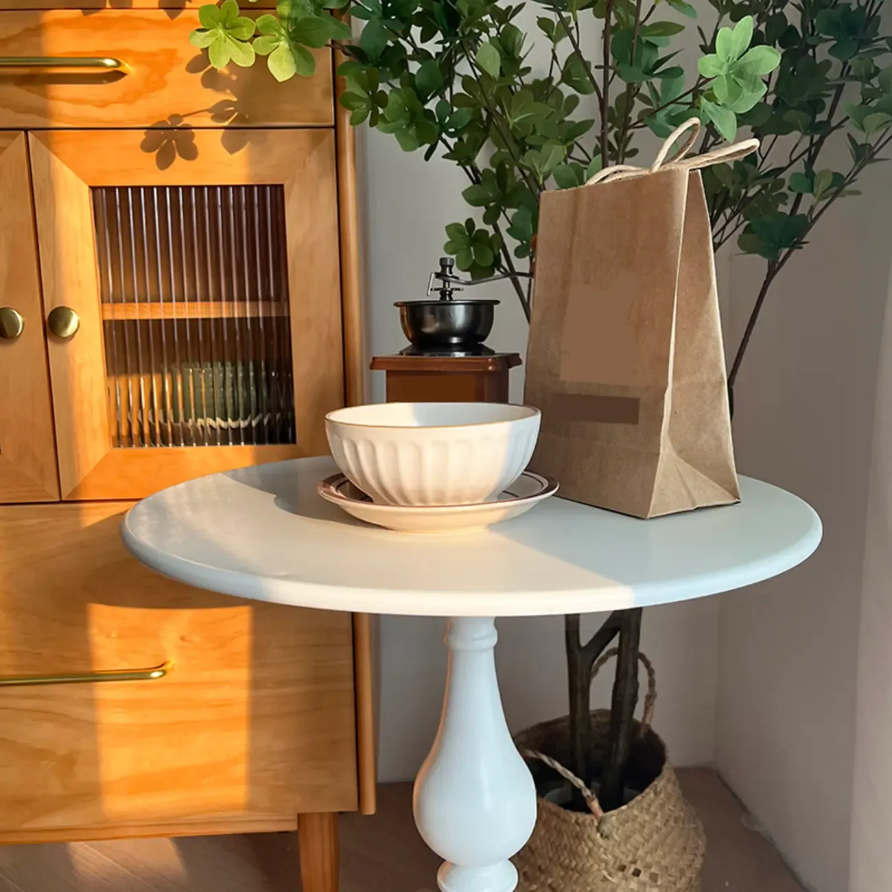 Classic Brown-White Wood Round Pedestal Chairside Table Image - 10