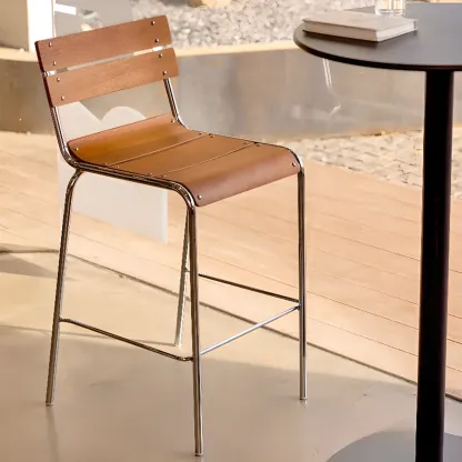 Industrial Brown Wood Rectangle Stackable Bar Stools with Back Image - 2