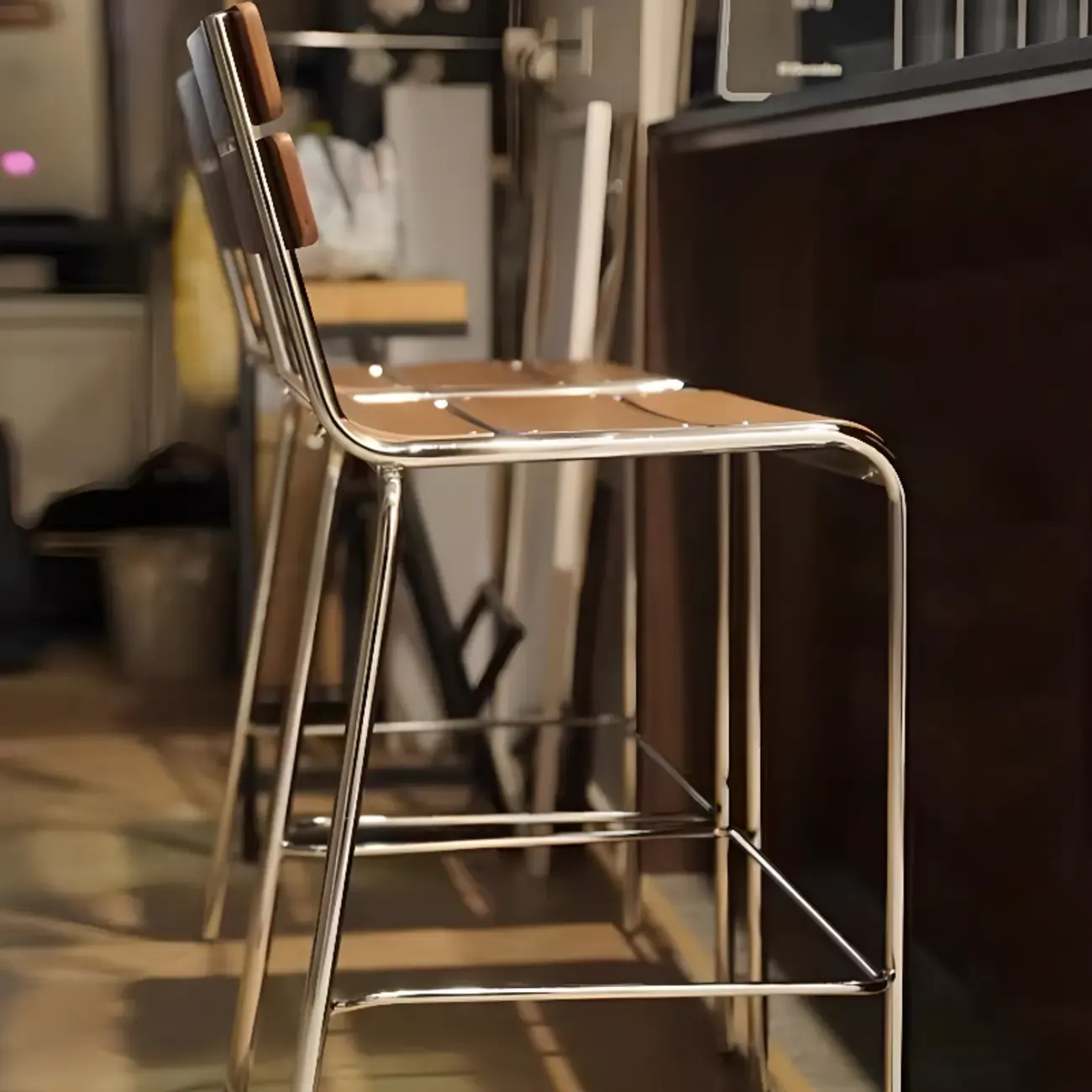 Industrial Brown Wood Rectangle Stackable Bar Stools with Back Image - 4