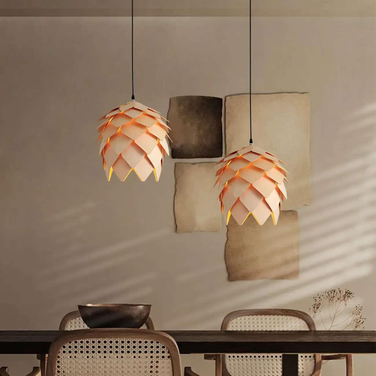 Exquisite Solid Wood Pine Cone Pendant Light Hanging Lamp Image - 1