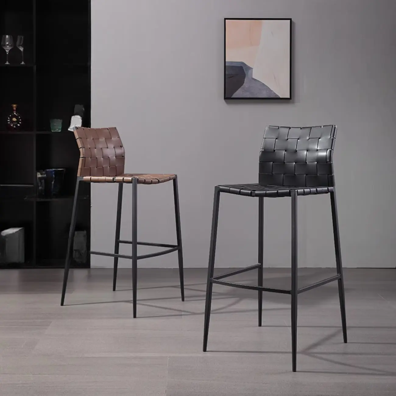 Modern Leather Seat Woven Textured Bar Stools with Back Image - 1 | homeyfad