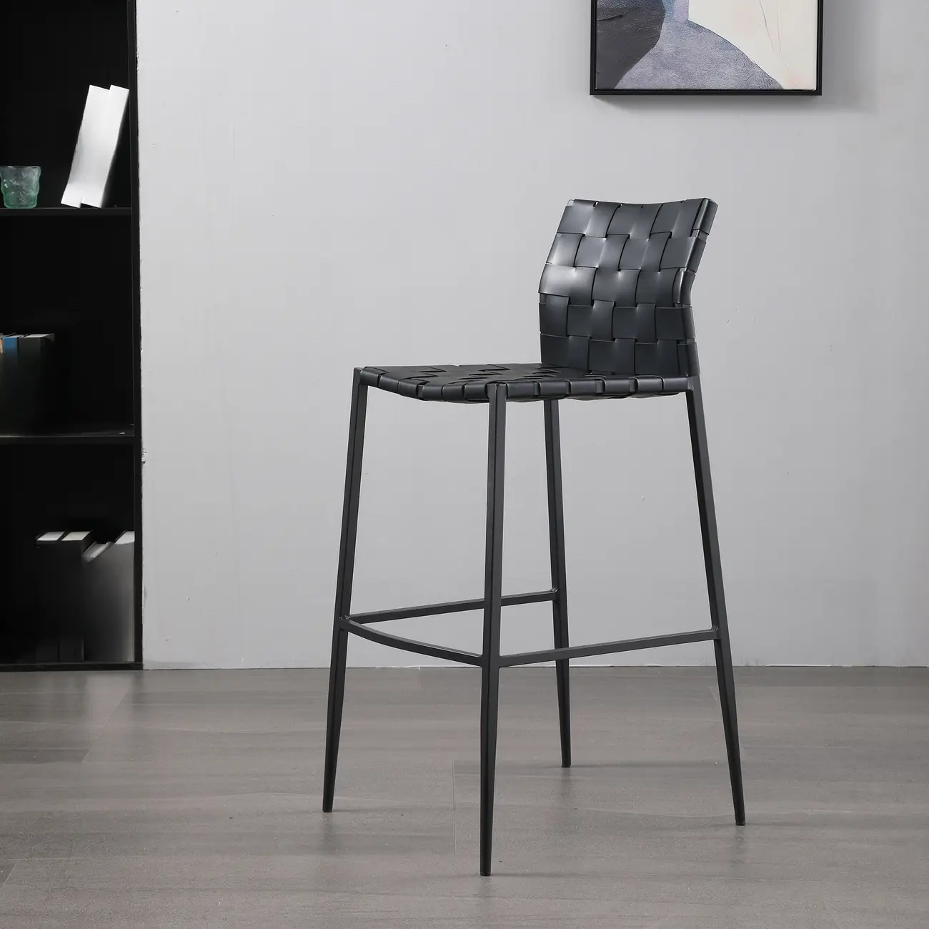 Modern Leather Seat Woven Textured Bar Stools with Back Image - 3 | homeyfad