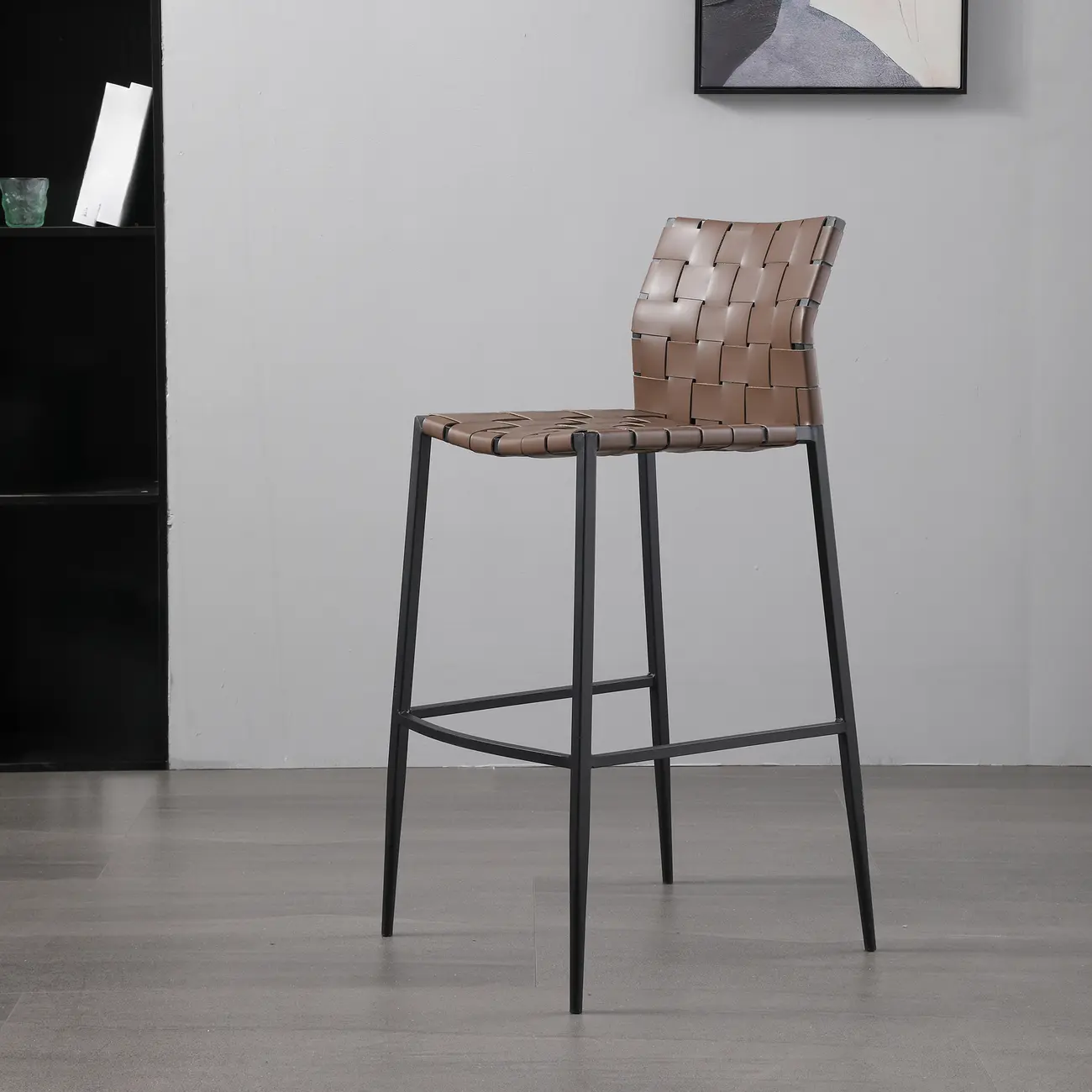 Modern Leather Seat Woven Textured Bar Stools with Back Image - 4 | homeyfad