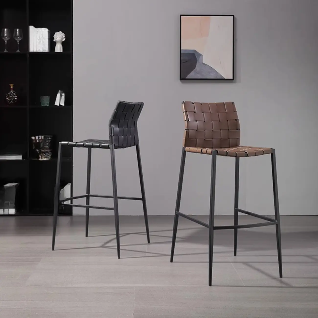 Modern Leather Seat Woven Textured Bar Stools with Back Image - 2 | homeyfad