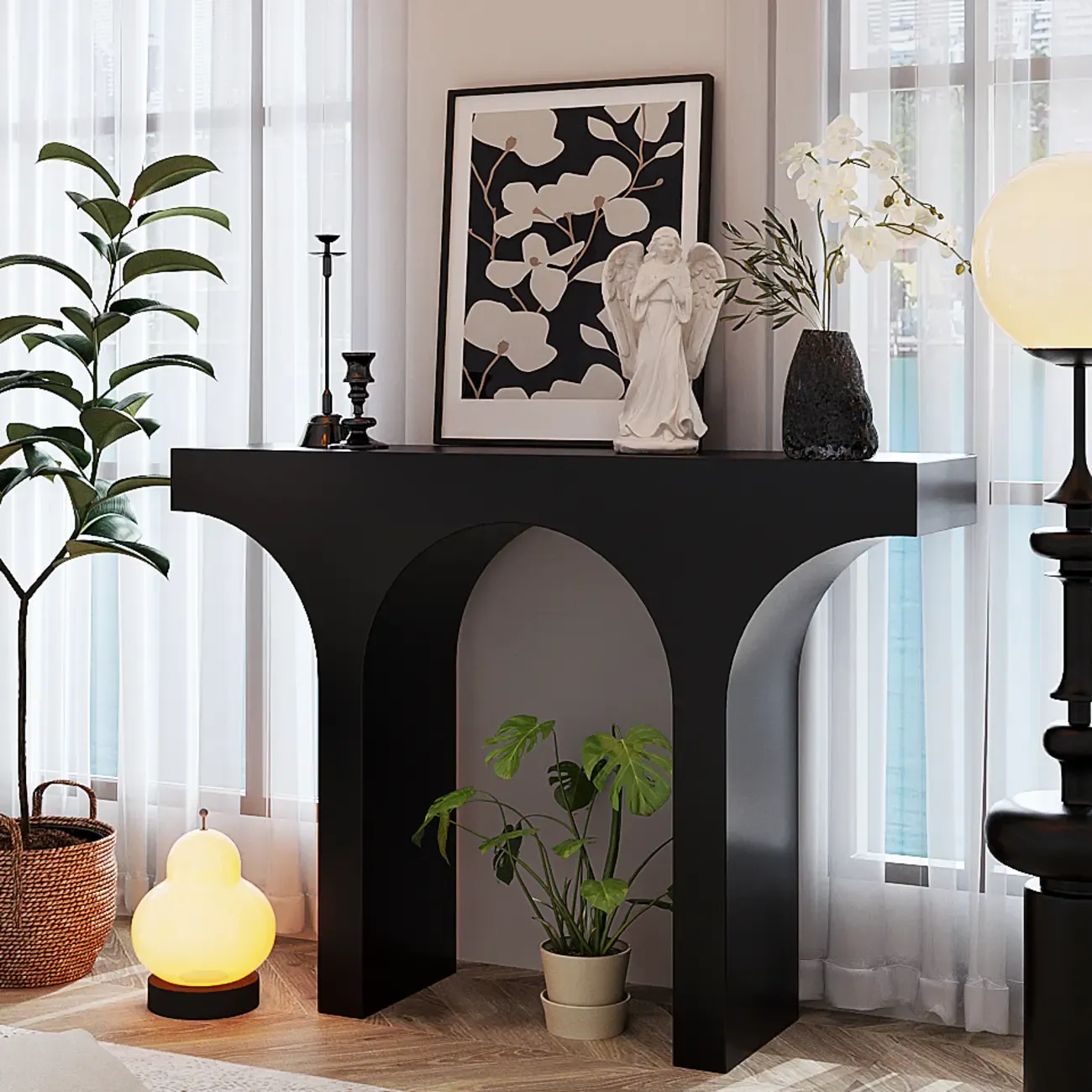 Entryway Rectangular Black Arch Base Console Table Image - 5