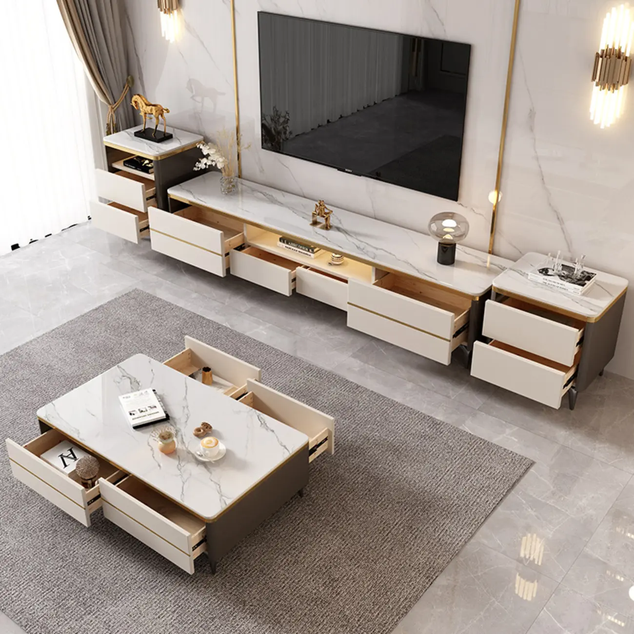 Versatile White Stone TV Stand with Multi Drawers & Lighting Image - 2 | homeyfad