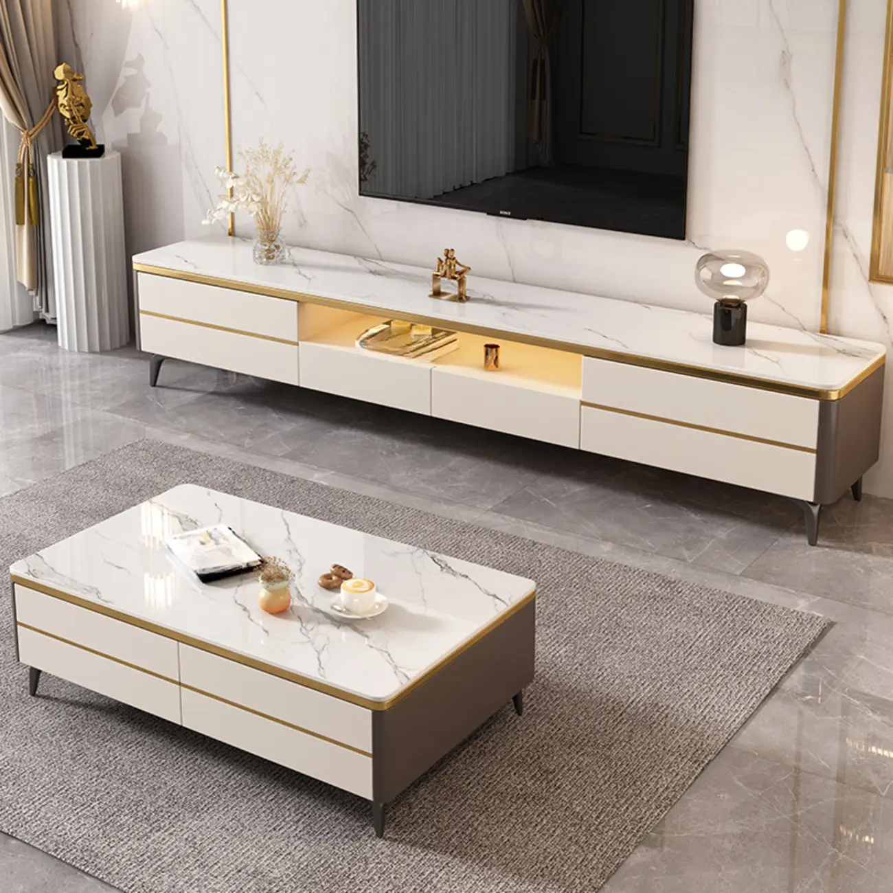 Versatile White Stone TV Stand with Multi Drawers & Lighting Image - 1 | homeyfad